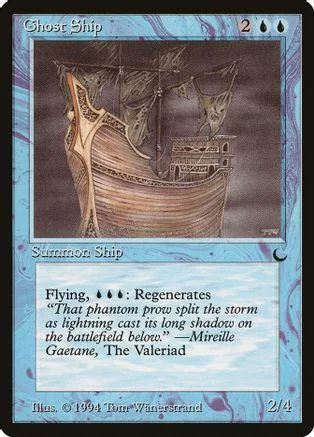 Ghost Ship card art: spectral sailing ship on dark, stormy water.