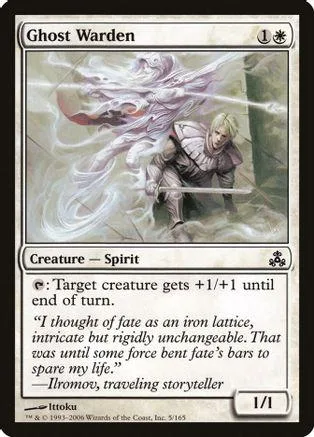 White and grey spirit creature card, Ghost Warden, with fantasy art.