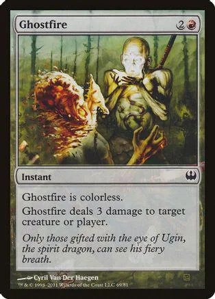 Creature card art: fiery creature and pale figure in a dark forest.