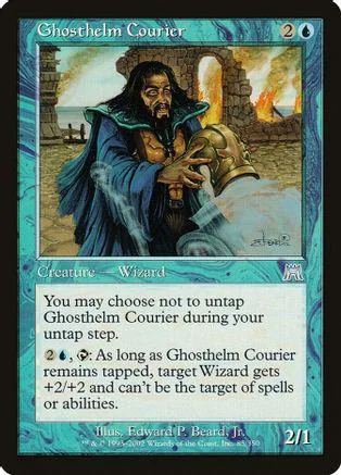 Dark-haired wizard in blue cloak holding a golden object on a fantasy landscape card.
