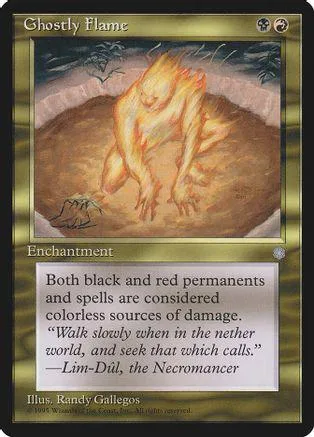 Orange, fiery creature on brown ground. "Ghostly Flame" card art.