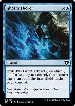 Blue and black card art featuring a hooded figure amidst blue energy. "Ghostly Flicker" spell.