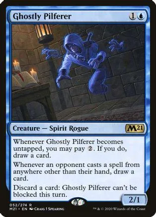 Blue and purple spirit rogue creature card art, showing a hooded figure in a dungeon.