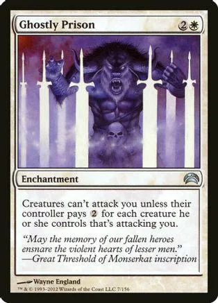 Dark, monstrous creature in a purple, ghostly prison card. Enchantment type.