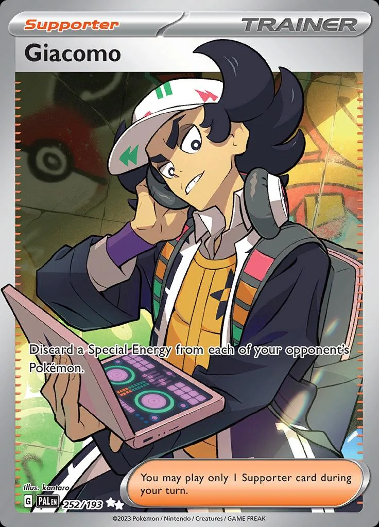 Character with dark hair and cap holds a device, Trainer card art.