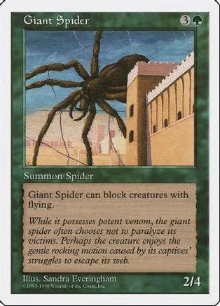 Dark spider looms over a building on a Magic: The Gathering card.