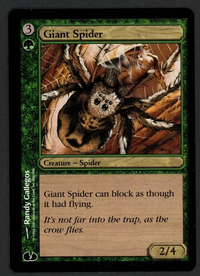 Magic: The Gathering Giant Spider card, dark brown spider on green background.