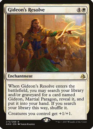 Man in armor wielding glowing sword on battlefield. Gideon's Resolve Magic: The Gathering card.