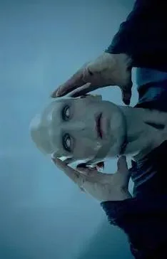 Pale figure in dark clothing, hands cupping face, against light blue background.
