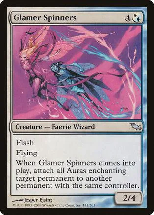 Pink and blue fantasy creature card art, Glamer Spinners, Magic: The Gathering.