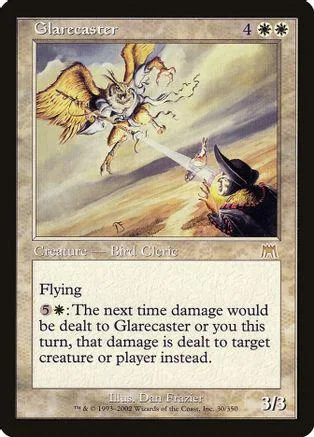 Flying bird creature attacks a figure in a hat. Card art, Glarecaster.