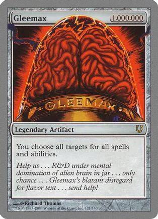 Red brain graphic on a card with "Gleemax" text and "Legendary Artifact.