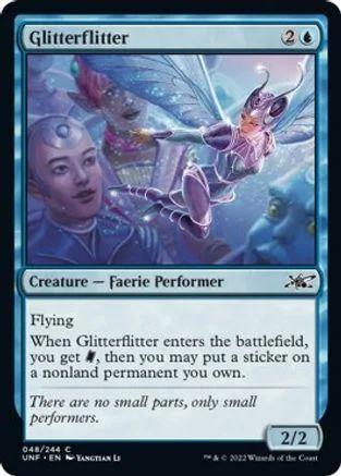 Fairy creature card art, purple and blue tones, showing a winged performer.