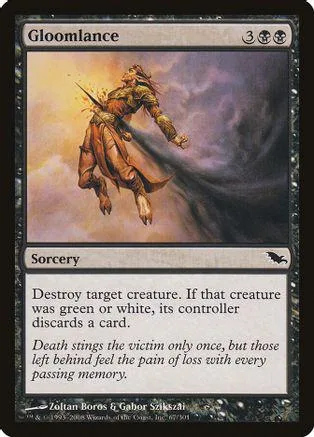 Warrior figure in brown armor casts dark spell on card.
