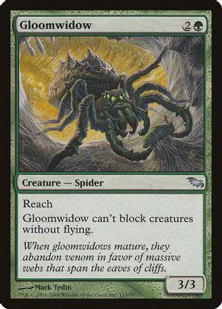 Dark green spider creature card, Gloomwidow, on a black and green border.