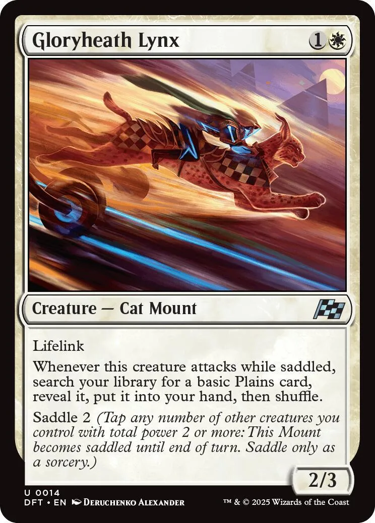 Card art depicts a creature riding a large feline mount against a sunset.