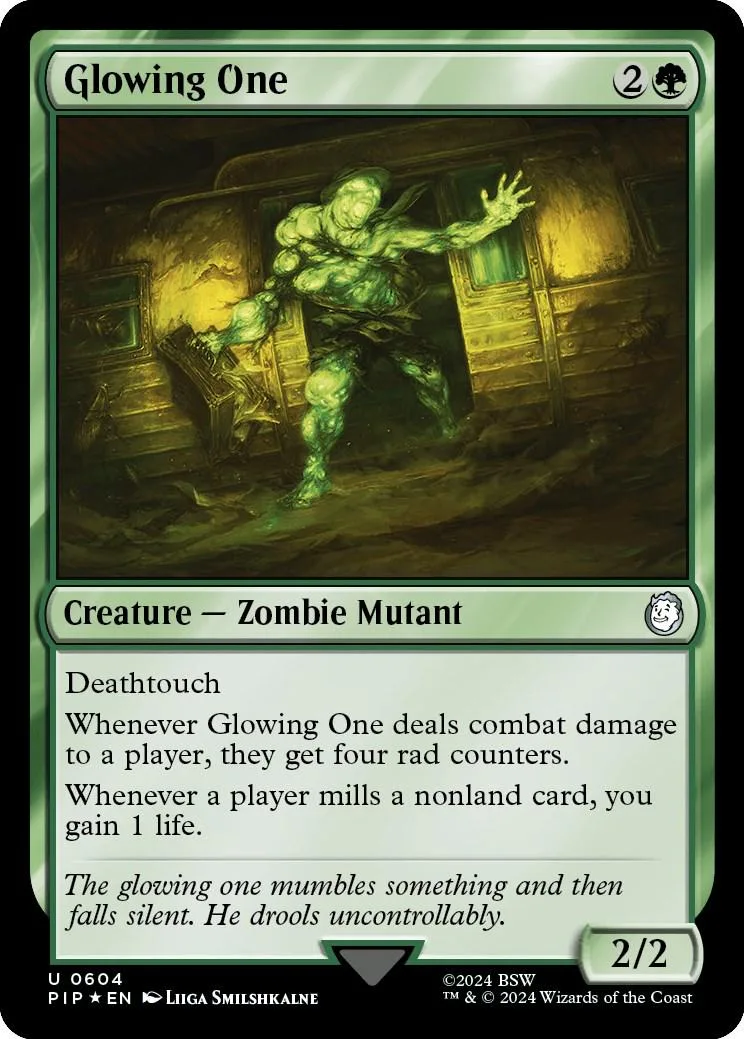 Green zombie mutant creature card art, glowing figure in dark, golden room.