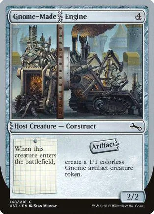 Card art shows steampunk machinery. Gnome-Made Engine, 4 mana, 2/2.