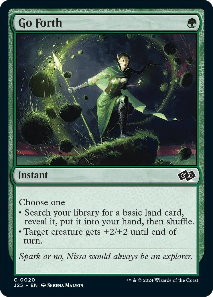 Green and black card art featuring a figure in a green cloak amidst glowing foliage.