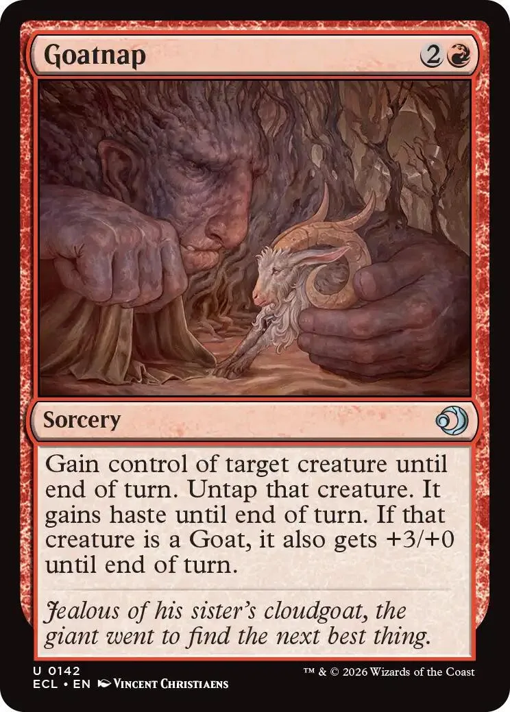 Card art shows a large figure holding a small, horned creature in a forest.