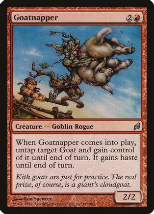 Goblin rogue creature card art: monstrous goat-like figures in blue sky.