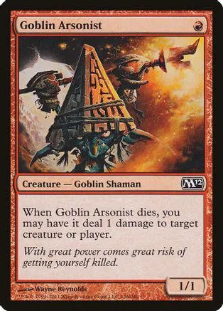 Goblin Arsonist card art: fiery scene with tribal figures and a pyramid structure.