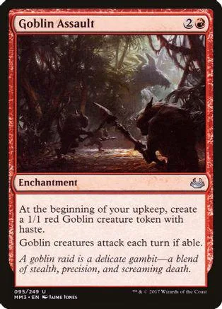 Dark forest scene with goblins attacking. Goblin Assault enchantment card.