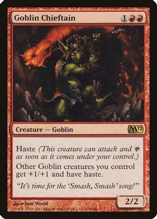 Goblin Chieftain card art: green goblin creature in dark, fiery setting.