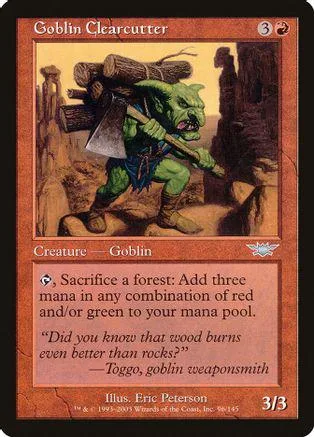 Green goblin creature with axe, brown and green tones, Magic: The Gathering card.