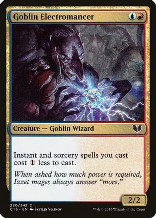 Goblin wizard creature card with dark, electric blue magic effect.