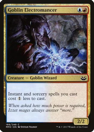 Dark goblin creature surrounded by blue lightning on a Magic: The Gathering card.
