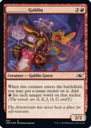 Goblin creature card art: green goblin with colorful, swirling magic effects.
