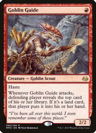 Goblin Guide Magic: The Gathering card art, goblin creature in dark, rocky setting.
