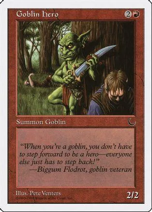 Green goblin hero character with sword in dark forest setting.