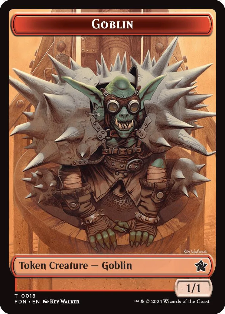 Green goblin creature token card with spiky armor, brown and orange tones.