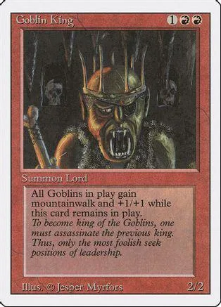 Goblin King trading card art: snarling goblin in dark forest, red border.