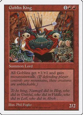 Goblin King card art: dark fantasy scene with goblins, red and brown tones.