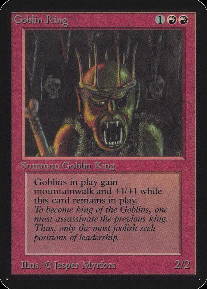 Goblin King Magic: The Gathering card, dark green goblin king illustration.