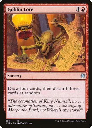 Green goblin creature on parchment, orange lantern, Sorcery card art.