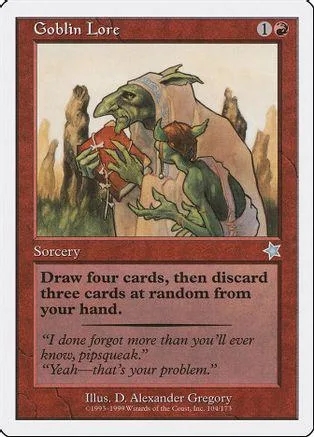 Green goblin and large creature holding red object on a fantasy landscape card.