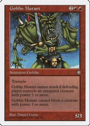 Green goblin creature card with silver sword, showing combat text box.