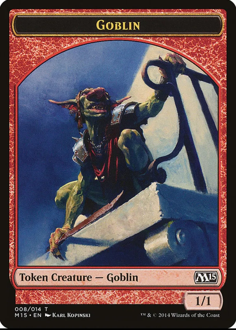 Green goblin creature token card with dark background and red border.