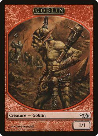 Goblin creature card art, brown and gold tones, fantasy warrior holding a staff.
