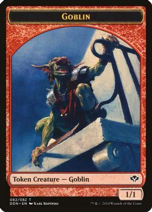Green goblin creature token holding a large axe, red and black card frame.