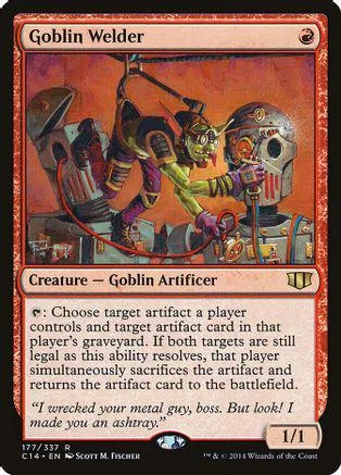 Goblin Welder card art: green goblin with tools near metal robot.
