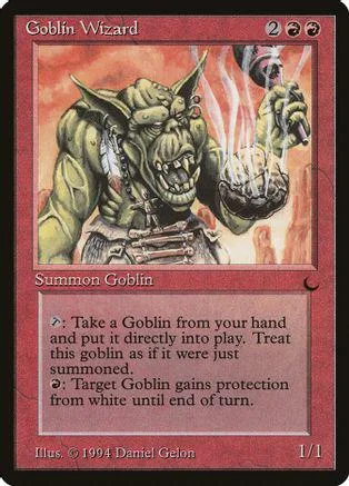 Green goblin wizard monster card art, showing a large, snarling goblin figure.