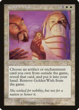 Magic: The Gathering card, Golden Wish, purple and gold artwork.
