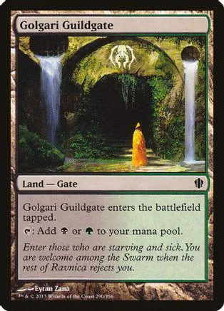 Dark, mossy gate landscape art on a Magic: The Gathering land card.