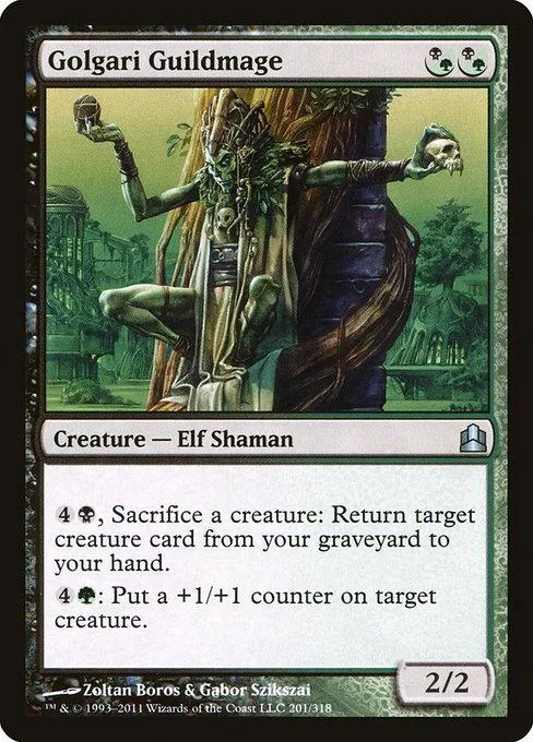 Green and brown elf shaman creature card art with dark, mossy figure.