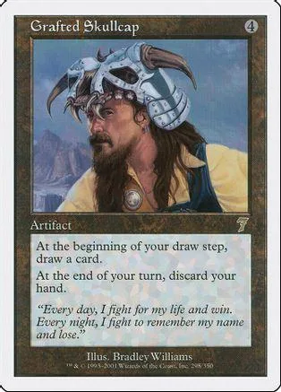 Card art of bearded man wearing horned skullcap, blue and white design.